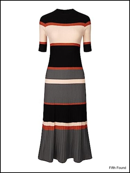 Dresses & Skirts - Hobemty Women's Knit Striped Midi Sweater Dress Short Sleeve Ribbed Mock Neck